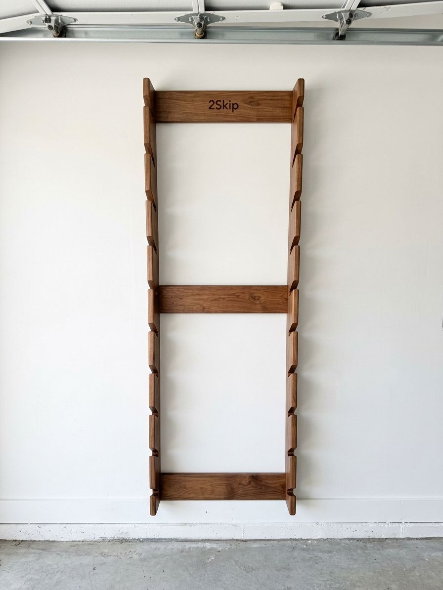 AI-styled walnut-stained empty ski rack with 2Skip on the top crossbar