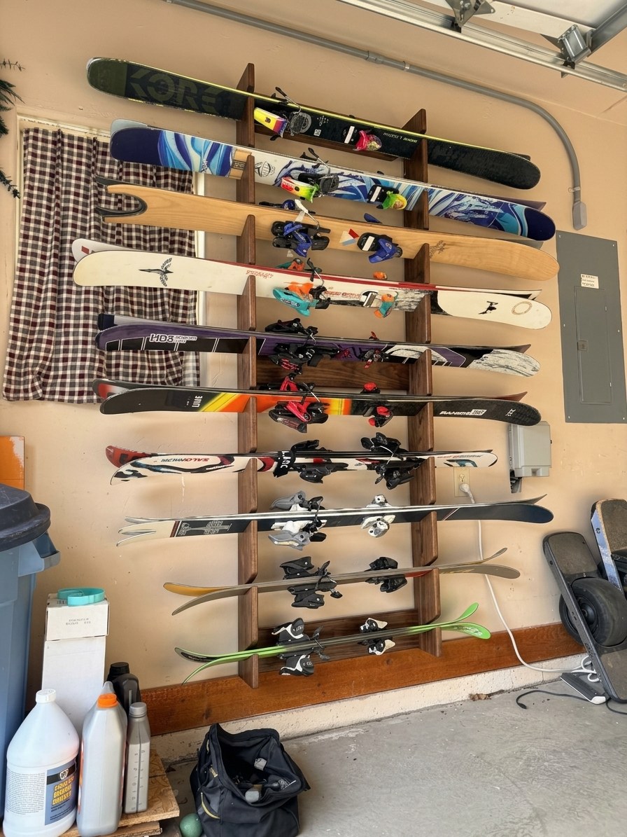 Handmade ski rack mounted flush on a garage wall, holding 10 pairs of skis with tips alternating directions